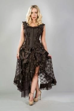 Burleska Athena Overbust Zip Front Corset In Brown Stripe Brocade