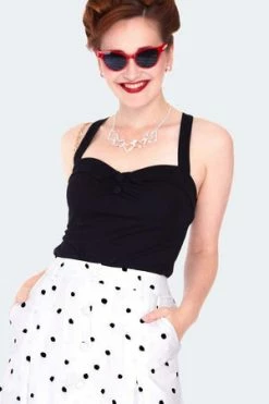 Voodoo Vixen Black & White Polka Dot Button Front Midi Skirt -Burleska shop black and white polka dot button front midi skirt ska 3754 04.1362 300x
