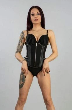Burleska Blade Zip Underbust Corset In Black Twill And Matt Imitation Leather