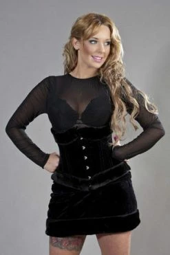 Burleska Candy Underbust Steel Boned Corset In Black Velvet Flock & Black Fur