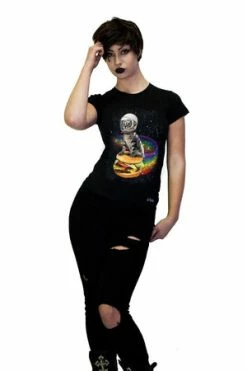 Dr Faust Cheezburger Astronaut Cat Black T-Shirt - Kaylin