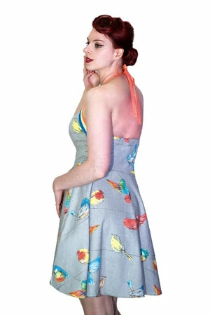 Dr Faust Colourful Birds Retro Grey Mini Dress - Avah 4 Dr Faust Colourful Birds Retro Grey Mini Dress - Avah - Image 2