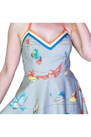 Dr Faust Colourful Birds Retro Grey Mini Dress - Avah 5 Dr Faust Colourful Birds Retro Grey Mini Dress - Avah - Image 3