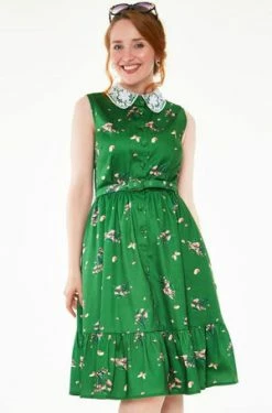 Voodoo Vixen Pinny Pine Button Down Dress With Lace Collar