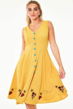Voodoo Vixen Mallory Honey Bee Embroidered Button-up Sleeve Dress