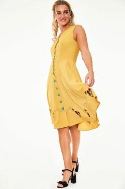 Voodoo Vixen Mallory Honey Bee Embroidered Button-up Sleeve Dress -Burleska shop dra 9323 bi 02 300x