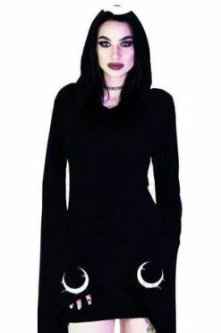 Dr Faust Dripping Crescent Moons Hooded Black Mini Dress - Meadow -Burleska shop dripping crescent moons hooded black mini dress meadow dr faust 2 300x