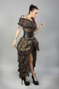 Burleska Elvira Long Gothic Victorian Skirt In Brown Gold Scroll And Coffee Matte -Burleska shop elvira long gothic victorian skirt in brown gold scroll and coffee matte burleska 3 300x