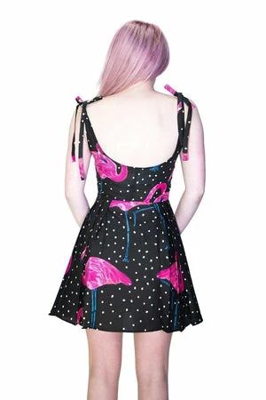 Dr Faust Flamingos White Polka Black Mini Dress - Flo 4 Dr Faust Flamingos White Polka Black Mini Dress - Flo - Image 2
