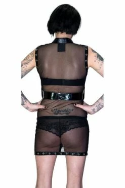 Dr Faust Full Zip Eyelet Trim Black Belt Sheer Mini Dress - Yara -Burleska shop full zip eyelet trim black belt sheer mini dress yara dr faust 2 300x