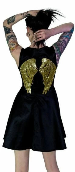 Dr Faust Gold Sequin Wings Black Silk Mini Dress - Hope -Burleska shop gold sequin wings black silk mini dress hope dr faust 2 300x
