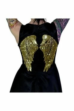 Dr Faust Gold Sequin Wings Black Silk Mini Dress - Hope -Burleska shop gold sequin wings black silk mini dress hope dr faust 3 300x