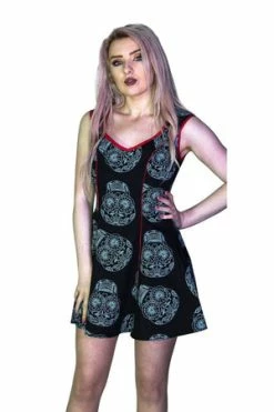 Dr Faust Grey Sugar Skulls Black Mini Dress - Calavera