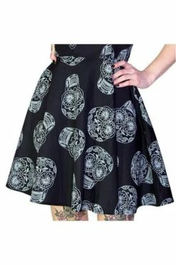 Dr Faust Grey Sugar Skulls Halterneck Black Mini Dress - Medea -Burleska shop grey sugar skulls halterneck black mini dress medea dr faust 3 300x