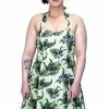 Dr Faust Indigo Flowers Olive Green Rockabilly Midi Dress - Jadis