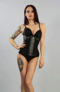 Burleska Inferno Underbust In Black Twill And Black Matt Imitation Leather