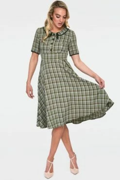 Voodoo Vixen Kaylee Khaki Short Sleeve Plaid Flared Dress -Burleska shop kaylee khaki short sleeve plaid flared dress dra 9207 02.923 300x