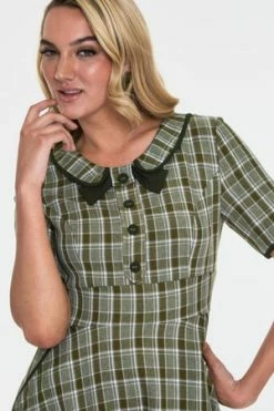 Voodoo Vixen Kaylee Khaki Short Sleeve Plaid Flared Dress -Burleska shop kaylee khaki short sleeve plaid flared dress dra 9207 04.923 300x