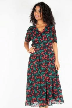 Voodoo Vixen Leona Cherry Print Black Tea Dress -Burleska shop leona cherry print black tea dress voodoo vixen 5 300x