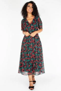 Voodoo Vixen Leona Cherry Print Black Tea Dress -Burleska shop leona cherry print black tea dress voodoo vixen 8 300x