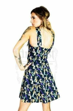 Dr Faust Mermaids Print Black Halterneck Mini Dress - Riley -Burleska shop mermaids print black halterneck mini dress riley dr faust 2 300x