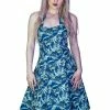 Dr Faust Metallic Blue Leaves Rockabilly Midi Dress - Bessie -Burleska shop metallic blue leaves rockabilly midi dress bessie dr faust 300x