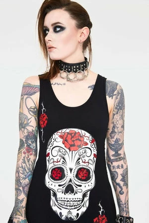 Jawbreaker Mexican Skull And Roses Longline Sleeveless Top With Back Mesh 6 Jawbreaker Mexican Skull And Roses Longline Sleeveless Top With Back Mesh - Image 4
