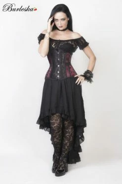 Burleska Morgana Underbust Steel Boned Corset In Burgundy Satin Flock With Black Lace