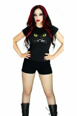 Dr Faust Mysterious Cat Green Eyes Black T-Shirt - Kaia