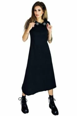 Dr Faust Pentagrams On Collar Long Nu Goth Black Maxi Dress - Giuliana