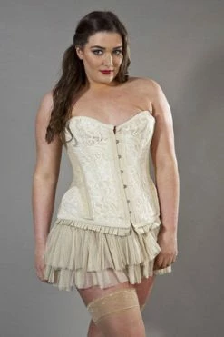 Burleska Petra Overbust Plus Size Corset In Cream Taffeta & Cream Lace Overlay