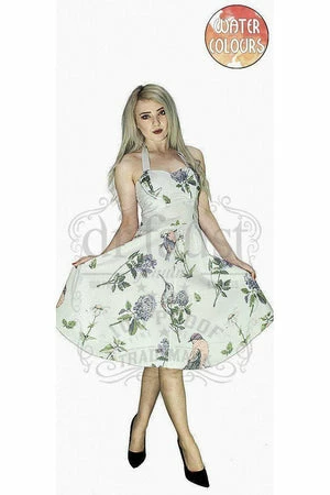 Dr Faust Purple Flowers And Exotic Birds White Midi Dress - Rhea 2 Dr Faust Purple Flowers And Exotic Birds White Midi Dress - Rhea
