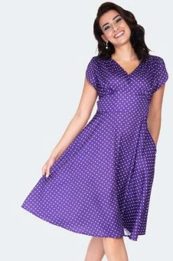 Voodoo Vixen Retro Polka Dot Dress -Burleska shop purple polka dot dress dra 9537 01.1379 300x