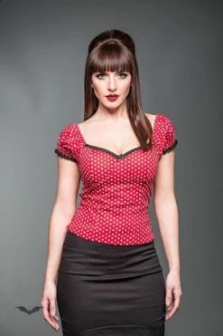Queen Of Darkness Red Corsage Rockabilly Top With White Polka Dots