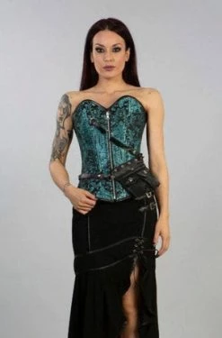 Burleska Reversible Overbust Zip Corset In Turquoise Black Jacquard And Gold King