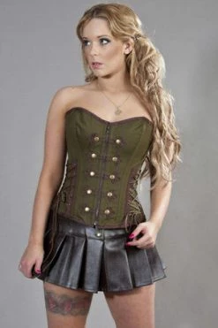 Burleska Rock Overbust Corset In Olive Green & Brown Twill
