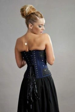 Burleska Sedona Steel Boned Overbust Corset In Navy Blue Taffeta & Black Mesh Overlay -Burleska shop sedona steel boned overbust corset in navy blue taffeta black mesh overlay burleska 2 300x