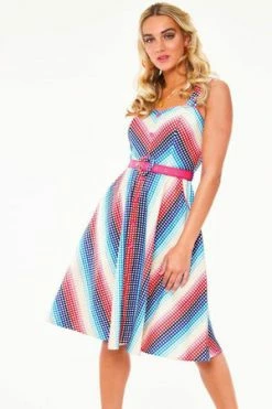 Voodoo Vixen Serene Rainbow Gingham Flare Dress With Pleated Bustline -Burleska shop serene rainbow gingham flare dress with pleated bustline voodoo vixen 3 300x