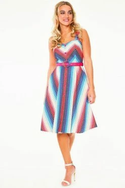 Voodoo Vixen Serene Rainbow Gingham Flare Dress With Pleated Bustline