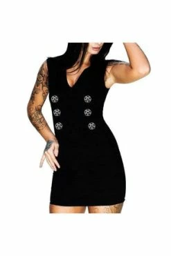 Dr Faust Silver Pentagram Buttons Black Mini Dress - Fia -Burleska shop silver pentagram buttons black mini dress fia dr faust 2 300x