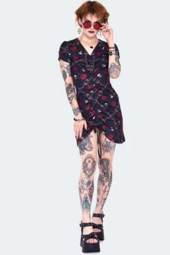 Jawbreaker Skull & Roses Print Midi Dress -Burleska shop skull and roses print midi dress dra 9565 02.1444 300x