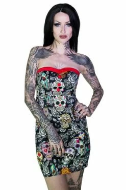 Dr Faust Sugar Skulls Colourful Mini Dress - Annalee -Burleska shop sugar skulls colourful mini dress annalee dr faust 2 300x
