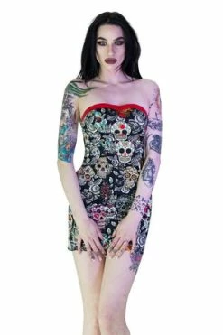 Dr Faust Sugar Skulls Colourful Mini Dress - Annalee -Burleska shop sugar skulls colourful mini dress annalee dr faust 3 300x