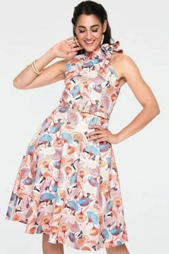 Voodoo Vixen Tabby High Neck Fan Print Summer Dress