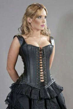 Burleska Takara Overbust Corset With Straps In Black Matte Vinyl And Brass Spikes