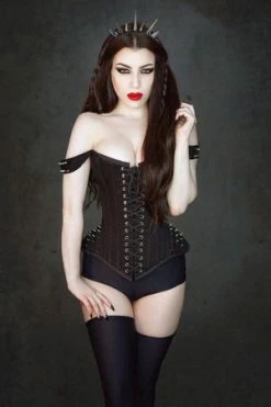 Burleska Takara Overbust Corset With Straps In Black Twill And Silver Spikes