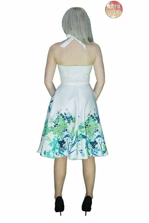 Dr Faust Turquoise Flowers White Midi Dress - Ophelia 4 Dr Faust Turquoise Flowers White Midi Dress - Ophelia - Image 2
