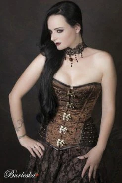 Burleska Warrior Overbust Steampunk Corset In Brown Brocade & Brown Matte Hip Panels