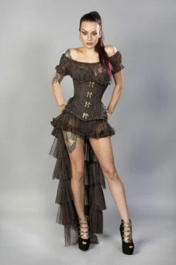 Burleska Warrior Underbust Steel Boned Corset In Brown Stripe With Coffee Matte Hip Panels